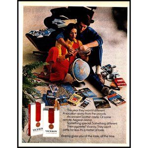 1971 Viceroy Cigarettes Vintage Print Ad Globe Vacation World Travel Maps Art